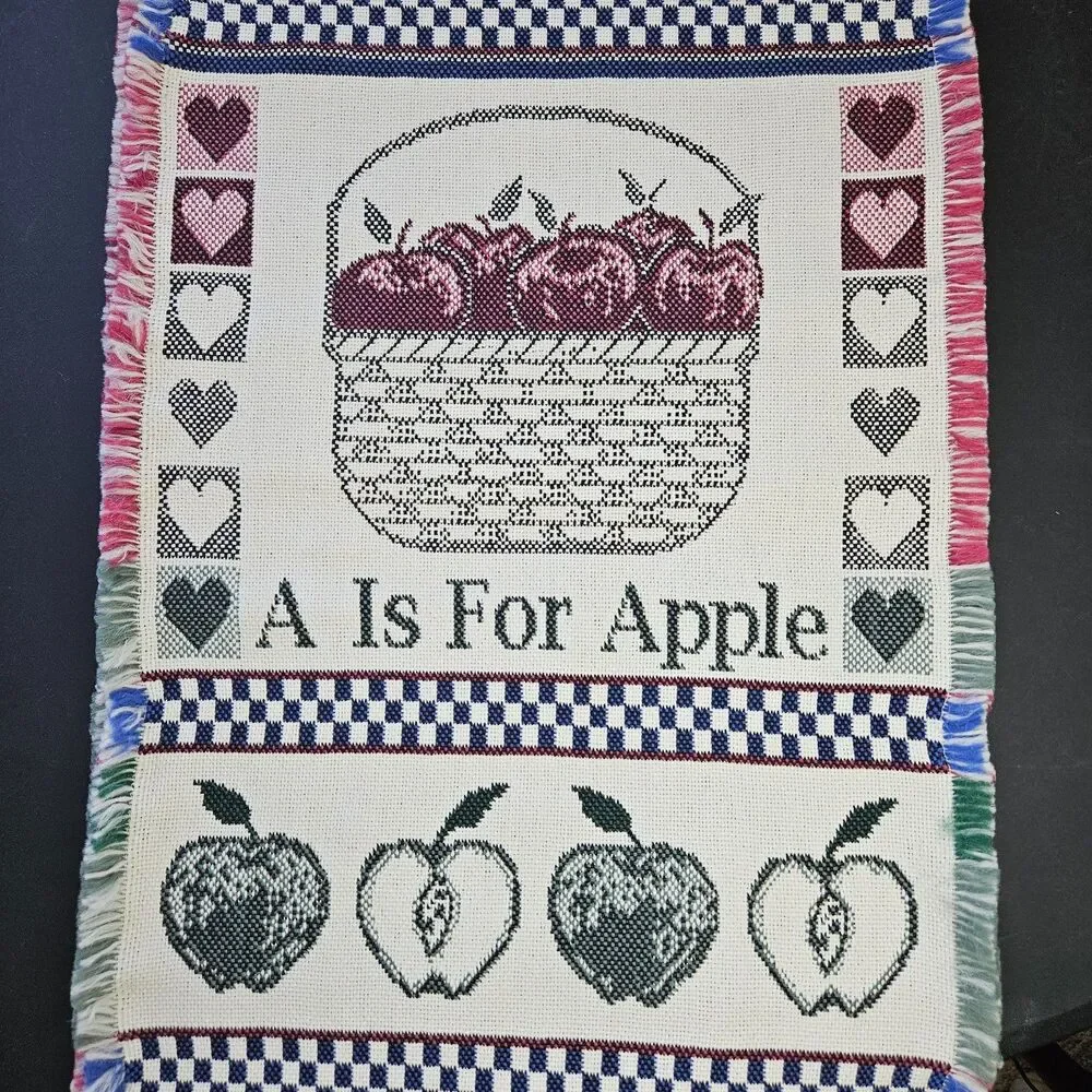A is for Apple VTG Runner & 4 Placemats Tapestry Fringe Hearts Checkered Red Grn